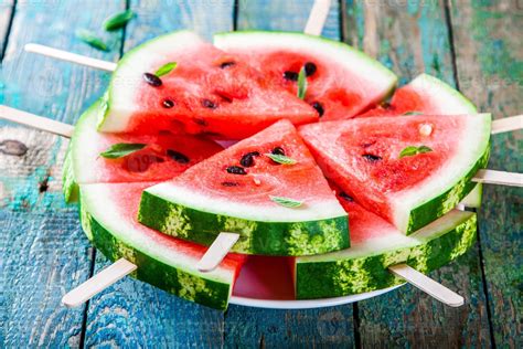 Slices Of Fresh Juicy Watermelon On Plate Closeup 736911 Stock Photo At