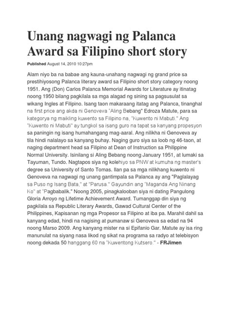 Maikling Kwento Na Nagwagi Sa Carlos Palanca Awards Bansana