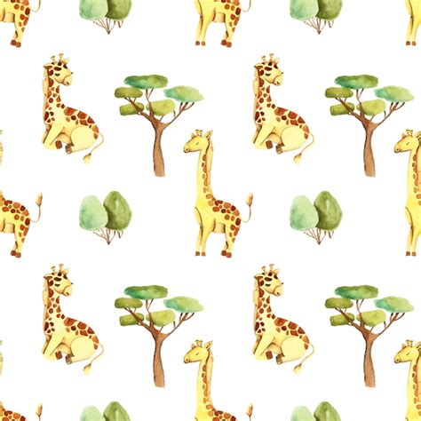 Premium Vector Watercolor Cute Giraffes And Trees Seamless Pattern