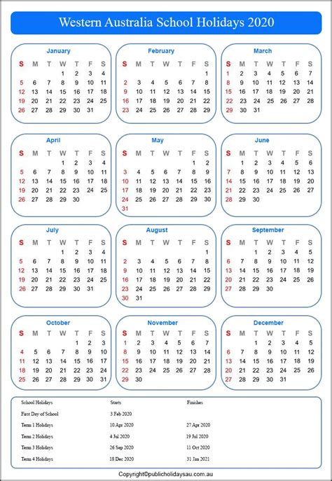 Western Australia School Calendar 2020 With Holidays