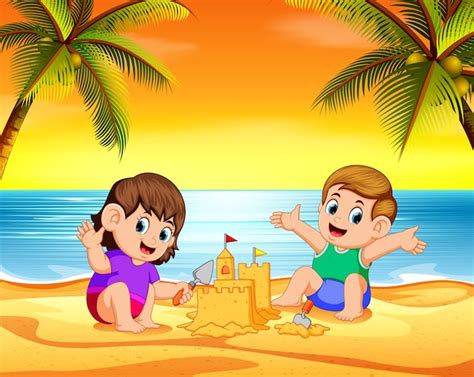Niños Jugando En La Playa Y Hacen El Castillo Con La Arena Vector Premium