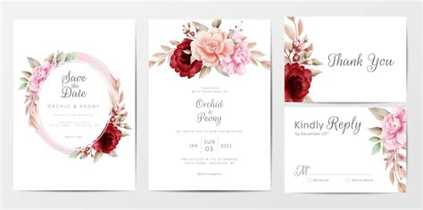Elegant Wedding Invitation Set With Watercolor Flowers 673357 Vector