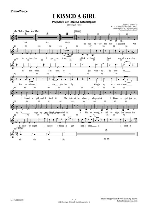 I Kissed A Girl Arr Daniele Buatti Sheet Music Katy Perry Piano And Vocal