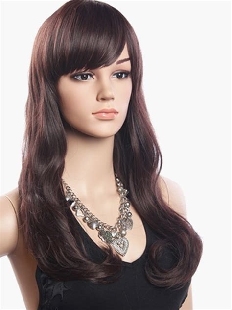 Brown Long Curly Full Wig With Side Swept Bangs