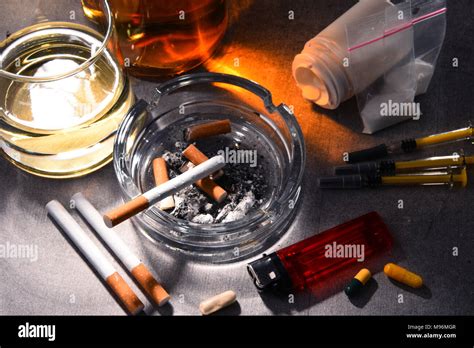 Addictive Substances Including Alcohol Cigarettes And Drugs Stock
