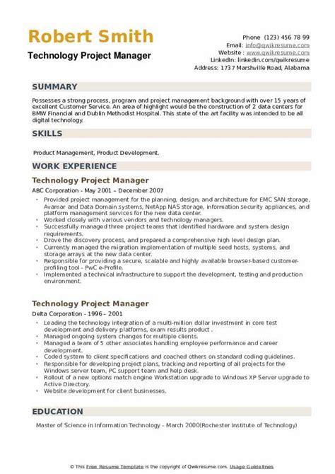 Technology Project Manager Resume Samples Qwikresume