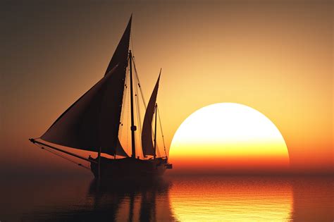 Sea Sunset Boat Sailing Sun Sky Orange Beauty Romantic