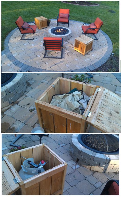 Modern fire pit with propane tank inside. DIY Firepit storage tables, one holds the propane gas tank ...
