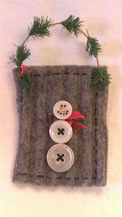 Button Snowman Ornament On Recycled Felted Wool Ribbed