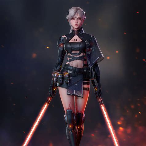2048x2048 Cyberpunk Girl With Two Lightsaber Ipad Air Hd 4k Wallpapers