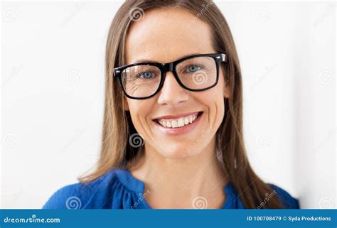 Close Up Of Smiling Middle Aged Woman In Glasses Stock Image Image Of Eyesight Pretty 100708479