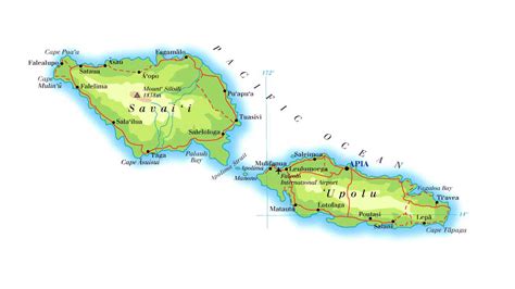 Detailed Physical Map Of Samoa With Roads And Cities