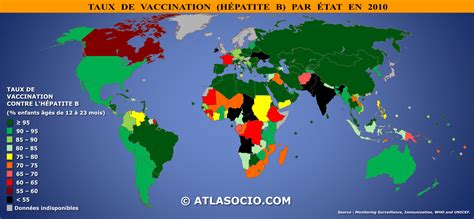 Carte du monde : taux de vaccination (hépatite B ...