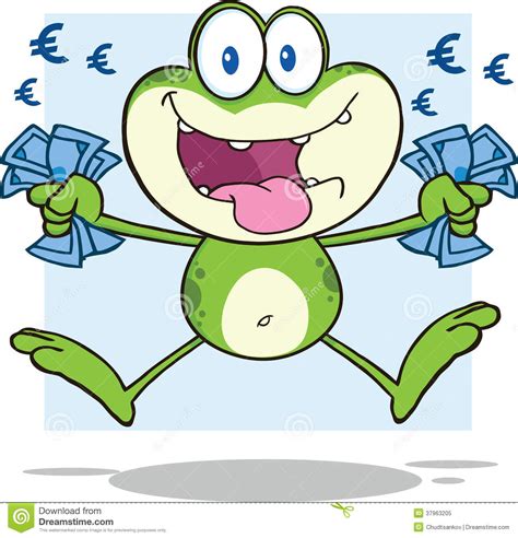 Green Frog Cartoon Character Jumping With Euro Stock