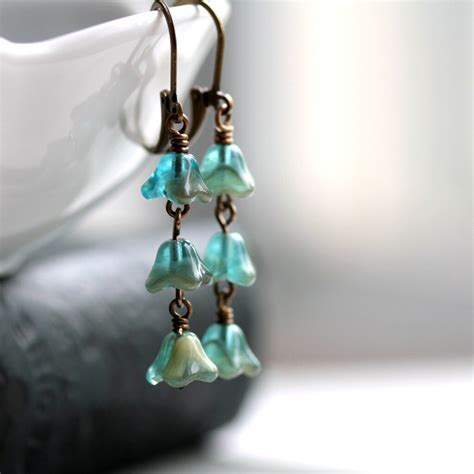 Flower Dangle Earrings With Teal Blue Czech Glass By Jarosdesigns