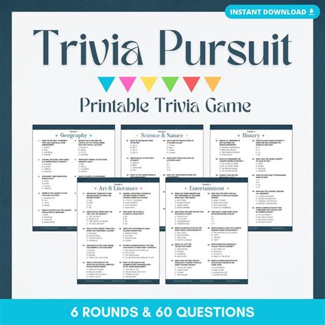 Trivia Pursuit Printable Game 6 Rounds And 60 Questions Party Game