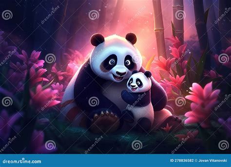 Cute Adorable Baby Panda With Mother Panda In Nature By Night With