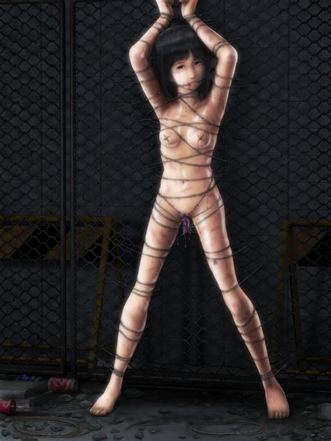 1girl Arms Up Barbed Wire Bdsm Black Hair Bondage Bound H