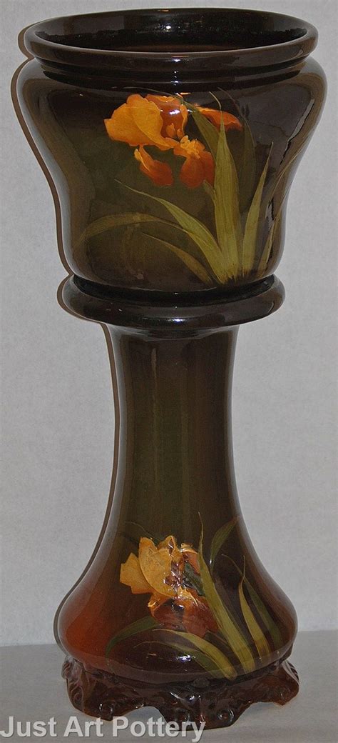 Weller Pottery Louwelsa Jardiniere and Pedestal With Iris from Just Art