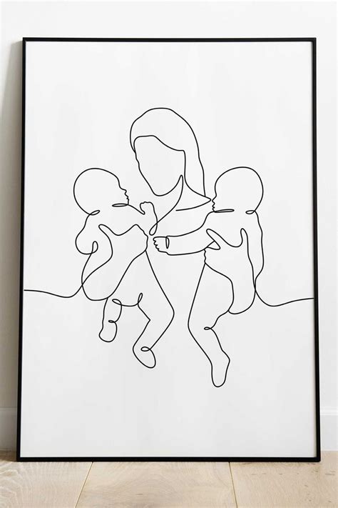 Mom And Two Babys One Line Art Print Twins Single Line Etsy Single
