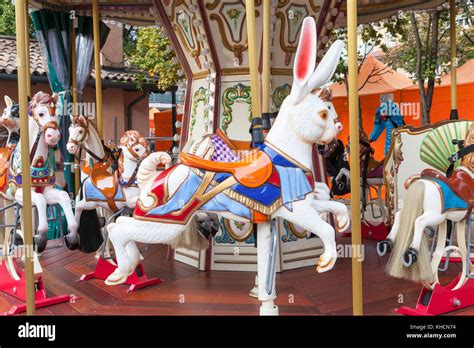 Colorful Prancing Rabbit Ride On An Italian Bertazzon Carousel Or Merry
