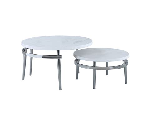 Full of surprises, like lift top tray and slide top storage with additional storage under the lift up tray. Round Nesting Coffee Table White and Chrome - Coaster Fine F