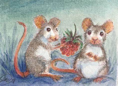 Sold Mice Aceo Watercolor Painting Original Mouse Raspberry T Fine