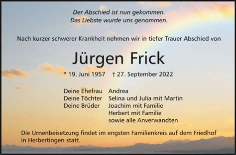 Traueranzeigen von Jürgen Frick schwaebische de Trauerportal