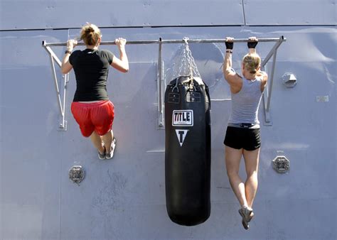 Two Strong Women Doing Pull Ups Exercise