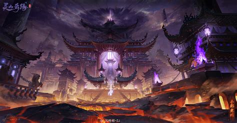 Jun Zhang Fantasy Art Digital Art Asian Architecture Landscape