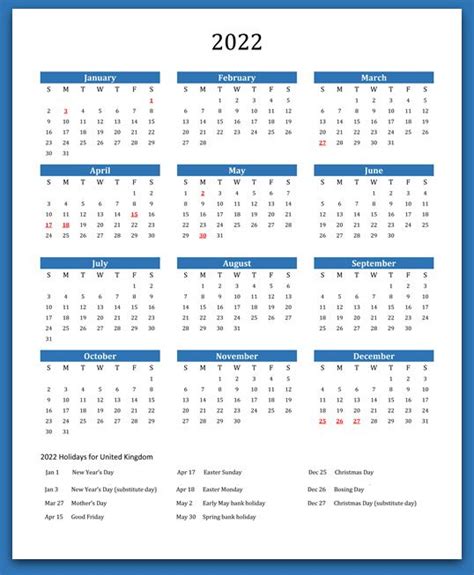 2022 Uk Calendar With Holidays Featuring Bank Holidays Public Holiday