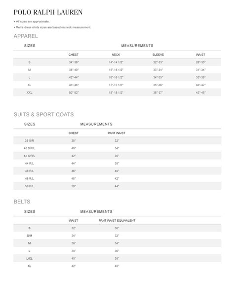 Ralph Lauren Polo Size Chart