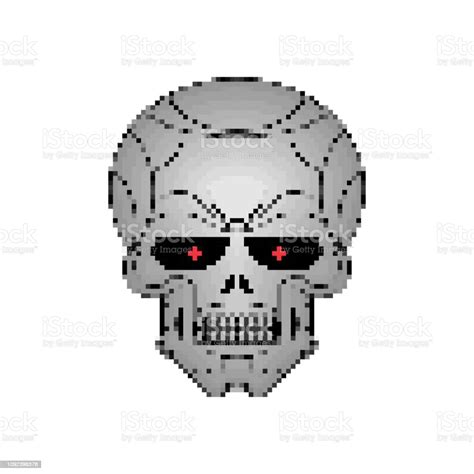 Iron Skull Pixel Art Metal Head Skeleton 8 Bit Stock Illustration