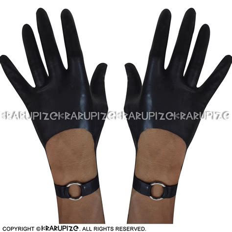 Black Sexy Short Latex Gloves With Rings Decoration Rubber Mittens 0054
