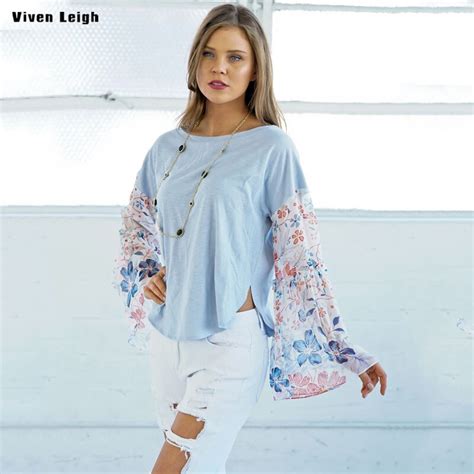 Viven Leigh Women Sweet Floral Print Blue Shirts Long Sleeve Loose