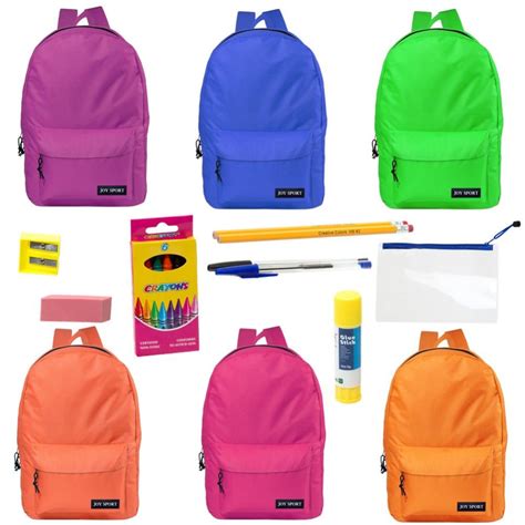 24 Bulk 17 Backpacks With 12 Piece School Supply Kit In 6 Assorted