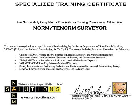 4-HOUR NORM/TENORM SURVEYOR CERTIFICATE - NORM SOLUTIONS LLC