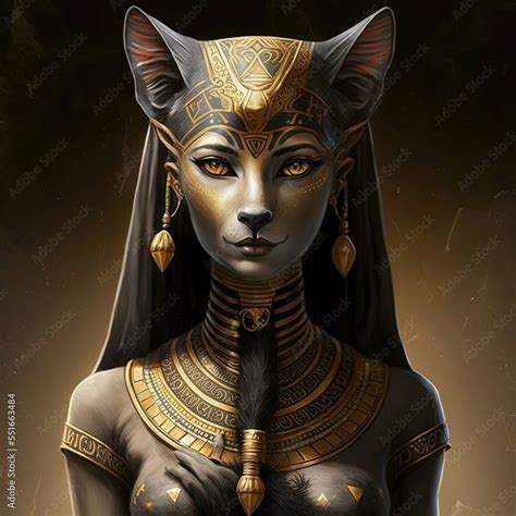 Ancient Egyptian Goddess Bastet Ancient Egyptian Catwoman With Gold Jewelry Ai Stock イラスト