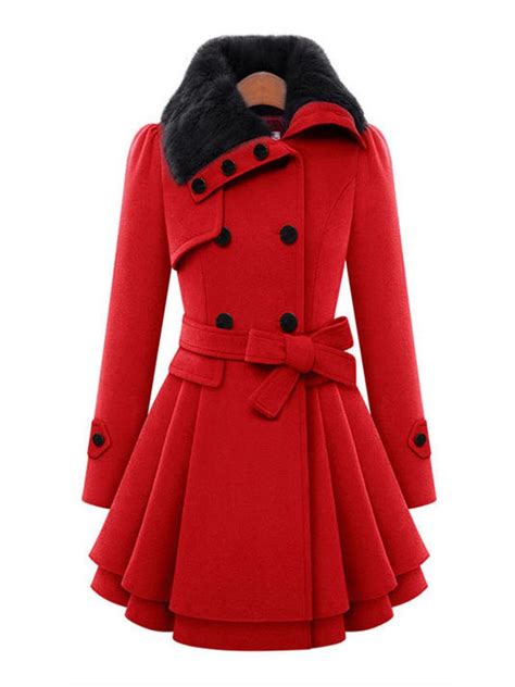 Red Shawl Collar Slim Date Night Plain Fauxfur Coat Style V101386