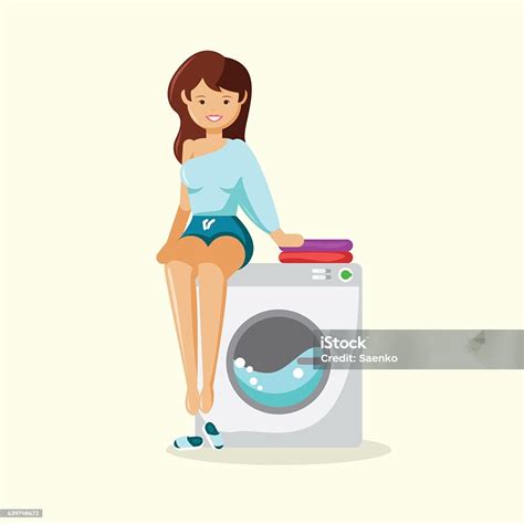 The Happy Young Woman Sitting On A Washing Machine Stock Illustration