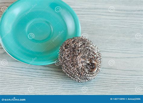 Steel Wool With Dish On Wood Table Stock Photo Image Of Steel Dish