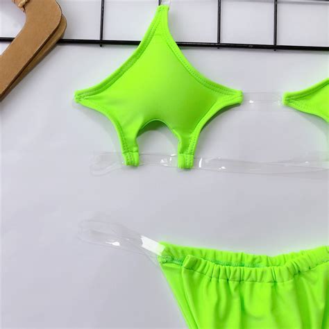 2021 Sexy Clear Strap Micro Bikini Set String Thong Swimsuit Women Push Up Swimwear Neon Green