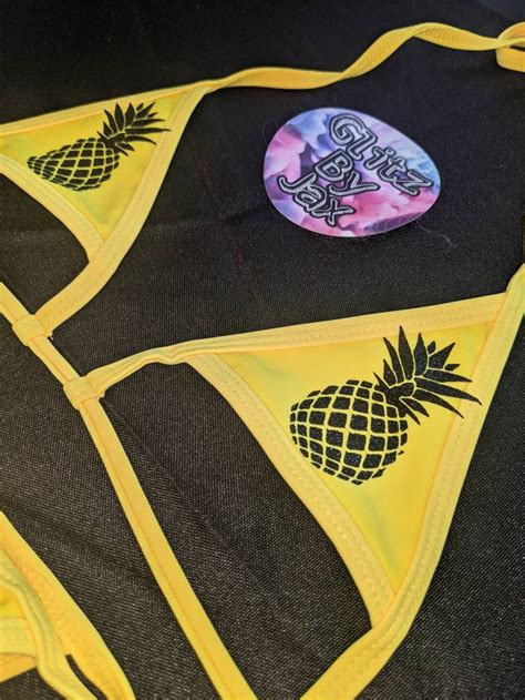 Yellow Micro Bikini Top With Black Glitter Pineapple Decals Etsy