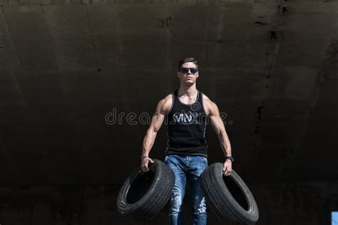 Vulcanizer Worker Man Carry Two Car Tires Stock Photo Image Of Black Handsome