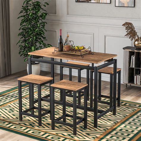 5 Pc Counter Height Dining Set High Table Industrial Dining Table With
