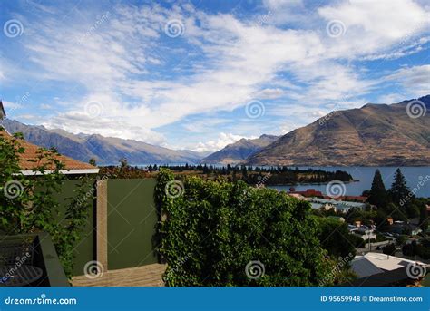 Beautiful View Of Queenstownand X27s Town Lake And Mountains Stock
