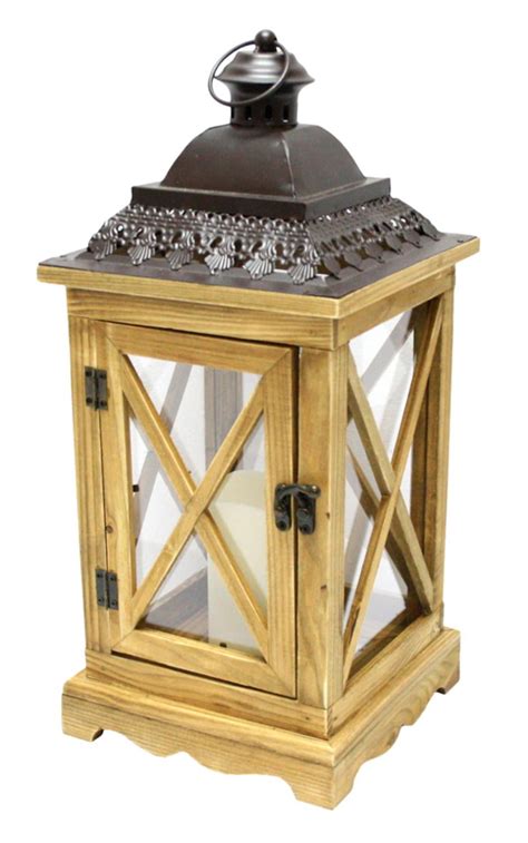 175 Rustic Wooden Lantern With Brown Metal Top And Led Flameless