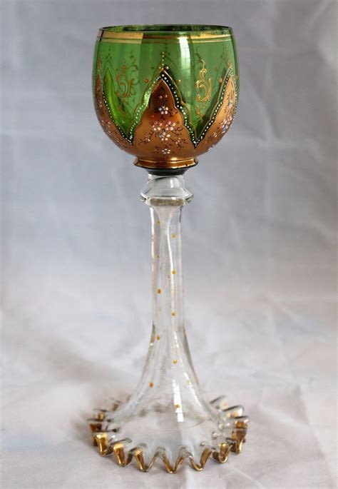 Antique Bohemian Czech Moser Art Glass Enameled Green Chalice Goblet Glass Art Glass Moser