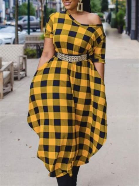 Lovely Casual Plaid Print Asymmetrical Yellow Mid Calf Dresswithout