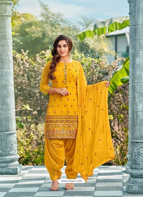 Buy Yellow Designer Party Wear Faux Georgette Punjabi Patiala Suit